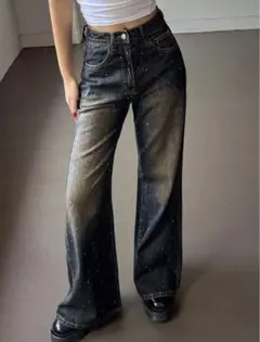 ダークデニム ワイドレッグパンツ デニムパンツビジュー