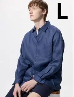 UNIQLO プレミアムリネンシャツ ブルー Lサイズ