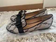 PECHINOHAR リボン付きレースフラットシューズ 黒✖️ベージュ 38