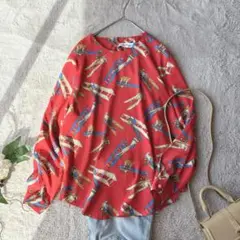 美品(F)長袖シャツ/ブラウス/総柄/レトロ/バブリー/大きい/オーバーサイズ