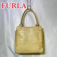 FURLA トートバッグ クロコ型押 取っ手・内側汚れあり クリーム