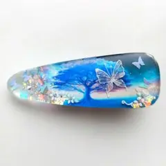 レジンヘアクリップ　ヘアピン hairclip 髪留め　幻想郷　木と水色蝶