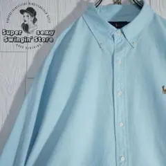 人気 ラルフローレン 長袖シャツ 2XL ブルー オックス ボタンダウン 古着