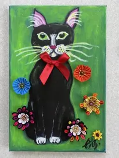 「リボンと花がうれしい猫」抽象画　アクリル画　インテリア　キャンバス　つまみ細工