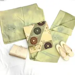 〔5639〕着物 小紋 正絹 袷 黄緑 単品販売♪