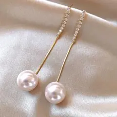 ロングパールピアス（ゴールド）S925 綺麗め ゴージャス 結婚式 No240
