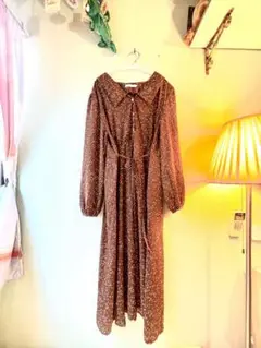 ブラウン ドット柄 長袖 ロングワンピース　古着