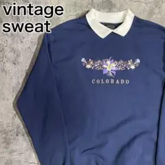 USA製 90s 襟付き 花 刺繍スウェット 裏起毛 ネイビー L