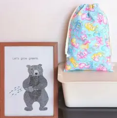 クマうさぎ柄上履き入れ(水色)