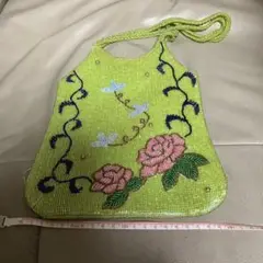 ハンドメイド 緑色 ビーズ刺繍 バッグ　難あり