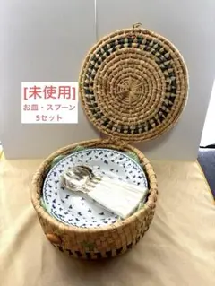 [8月末まで] カレー皿　花柄プレート5枚セット+ スプーンセット　バスケット