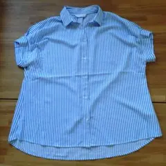 青✕白ストライプ 半袖シャツ Mサイズ ストレッチ・ドライ素材