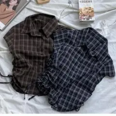 チェック柄 半袖クロップドシャツ