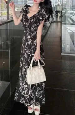 花柄ノースリーブロングワンピ