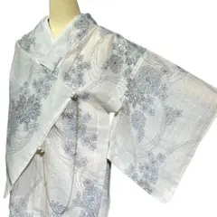 ユ24 洗える夏着物　小千谷　麻　花柄　逸品
