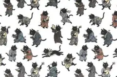 【ゆきちゃん限定】X2354-1 黒猫の鳥獣戯画柄 浮世絵 白 生地 1m