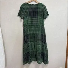 ボードビル　緑系チェック柄半袖Aラインワンピース