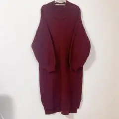 ニットワンピース　ロングワンピース　長袖　膝丈　ボルドー　クルーネック