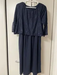 マタニティ ワンピース 授乳口付き　ネイビー レース　Ｌサイズ
