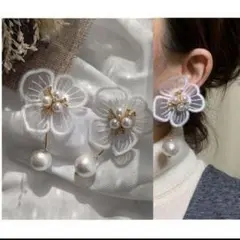1038-d＊2way ホワイト 白 刺繍 フラワー スティック パール