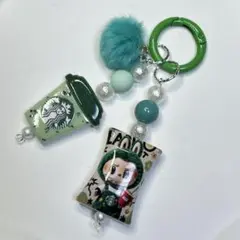 【人気】スタバ風ラブブビーズストラップ　キーホルダー　スマホ　ティファニ緑