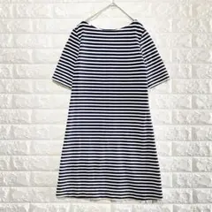 美品 ユニクロ ワンピース Ｍ 紺白 ボーダー ひざ丈 カジュアル P0334