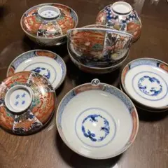 訳あり　時代物　古伊万里　「富長貴春」在銘　皿　アンティーク A934-3/長富春貴 造/古伊万里染付小鉢5客/向付/銘々皿/茶器