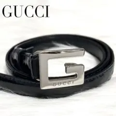 【美品】GUCCI ベルト Gバックル エナメル×レザー ブラック