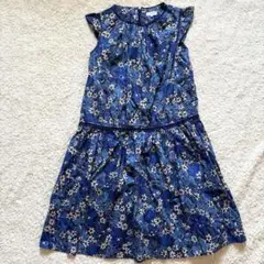 美品 小花柄 ノースリーブ ワンピース ネイビー ブルー　38 綿100%