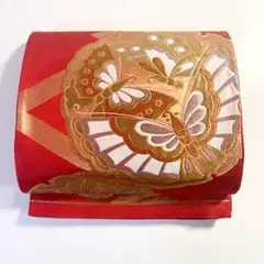 2m977 袋帯 絹 赤 金色 銀色 白 蝶柄 和装 着物