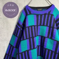【古着一点物個性的】レトロ感 デザインニットセーター 奇抜カラー メンズM