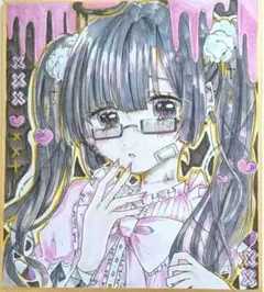 アナログイラスト　オリジナルイラスト　手描き　色紙　女の子　地雷　黒髪