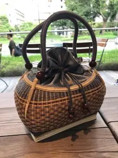 未使用】竹細工お洒落な小型かぼちゃ型バックかごバックシルク