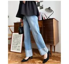 パンツ デニム ボトムス ハイウエスト 美脚 ロールアップ 折り返し