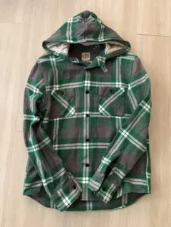フード付き 緑とグレーのチェック柄シャツSサイズ