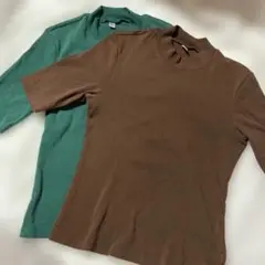 UNIQLO ハイネック 五分袖カットソー 2色セット（グリーン・ブラウン）