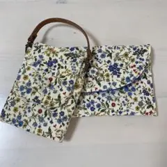 花柄布製ポシェット レザー持ち手付き2品