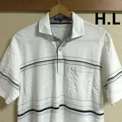 【H.L】アッシュエル　白　ボーダー　ポロシャツ M 綿100%