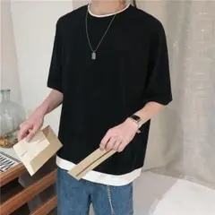 Tシャツ　2XL レイヤード　半袖　黒　カジュアル　無地　オーバーサイズ　韓国