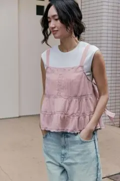 【新品未使用】ZARA 刺繍入りストラップ付きガーゼトップス ピンク M