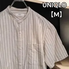 美品★UNIQLO【ユニクロ】麻混 ノーカラー 半袖シャツ ストライプ M