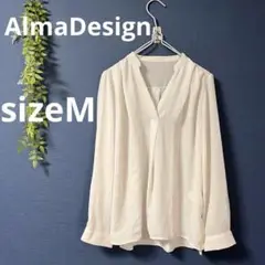 Alma Design【M】Vネック とろみ長袖シャツ　異素材　オフホワイト