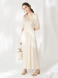 【美品】フレイアイディー カシュクールサテンワンピ ロングワンピース アイボリー