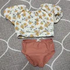 ベビー水着 花柄トップスオレンジボトムス セット 90