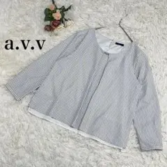 【アーヴェヴェ】長袖ブラウス　シャツ　ストライプ　白　ホワイト　L きれいめ