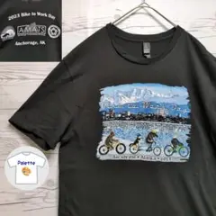サイクリング　自転車　アート　アニマル　動物　両面プリント　半袖　海外古着　黒
