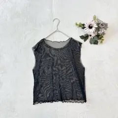 シアータンクトップ （フリー）シースルー ビジュー ストーン レイヤード 黒