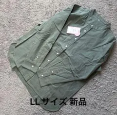 大きいサイズ 大人の美スタイルノーカラー長袖シャツ濃緑 LL新品