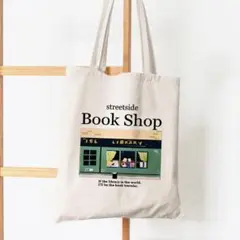 【ホワイト】本屋さんのキャンバストートバッグ　肩掛け図書館図書バッグ白生成り