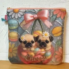 チェリーとパグちゃんパネルのふんわりファスナーポーチ、16